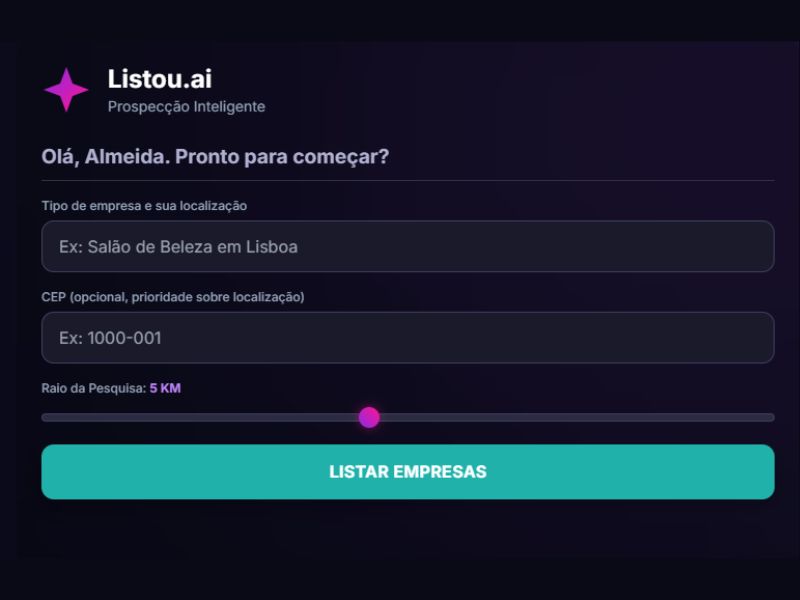 Passo 1: Pesquisa por clientes na plataforma de prospecção inteligente Listou.ai.